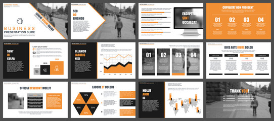 Orange and black business presentation slides templates from infographic elements. Can be used for presentation, flyer and leaflet, brochure, marketing, advertising, annual report, banner, booklet.