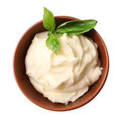 Bowl with mashed potatoes on white background