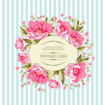 Luxurious vintage card of color peony. Wedding card with rose flowers over blue tile background. Vector illistration.