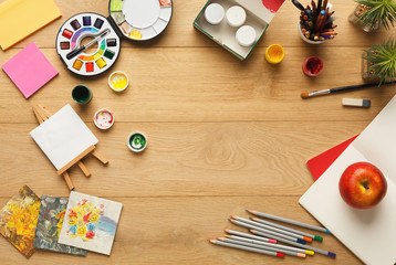 Desktop with various stationery for school education, top view