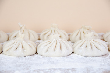 Khinkali is the national dish of Georgian cuisine. Products meat and dough with spices. Selective focus