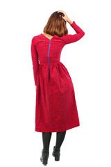 back view of standing young beautiful  woman.