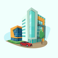 Cityscape icon with modern shopping center, office space and car. Vector town panorama done in cartoon style, flat design.