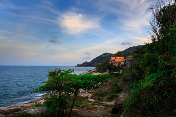 Ladkoh View Point by the sea, big rocky beach with beautiful beachfront villas in Chaweng, Koh Samui, Thailand.