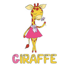 Cute giraffe with closed eyes in pink dress with peas