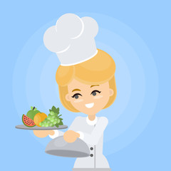 Female chef with plate.