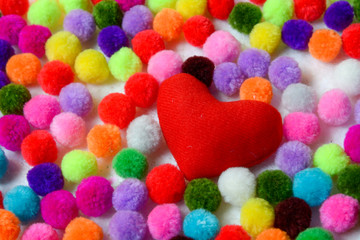 Red Heart with colorful pom pom background, Valentine concept