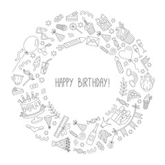 Birthday doodles round vector frame border