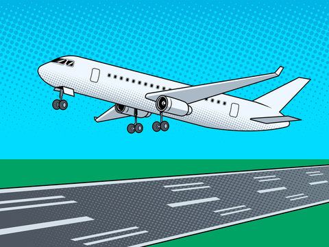 Airplane landing pop art vector illustration