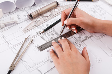 Architect drawing architectural project