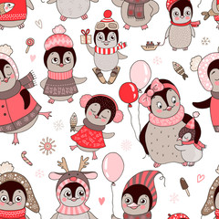 Lovely seamless pattern with cute penguins