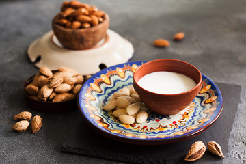 Almond milk in a clay pot and fresh nuts over dark slate background, selective focus. Dairy-free, vegan healthy food concept