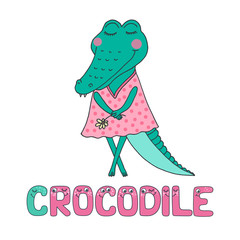 Cute crocodile with closed eyes in pink dress