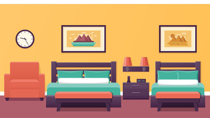 Hotel room in flat design. Bedroom interior with two beds. Vector illustration. Triple room. Home background with furniture and armchair. 