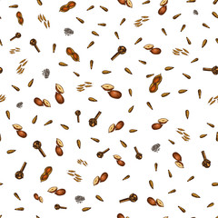 Herbs, condiments and spices, seamless pattern. seeds for the menu. Organic plants or vegetarian vegetables. engraved hand drawn in old sketch, vintage style.