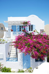 Traditional Greek architecture and pink flowers, Santorini Island, Greece. Beautiful details of Santorini island, white houses, blue doors and shutters, pink flowers, blue sky. © olgaarkhipenko