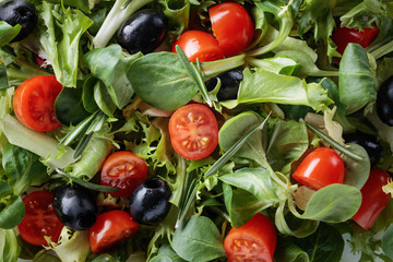Fototapeta na wymiar Green salad with tomatoes and black olives.