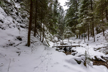 Slovakia national park Mala Fatra, Janosikove diery, Terchova village. Paths in the frost, winter. Hiking and tourism in Slovakia, central Europe