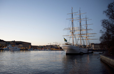 Fototapeta na wymiar Old sailing boat in Stockholm harbor