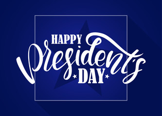 Vector illustration: Calligraphic lettering composition of Happy Presidents Day with stars on blue background