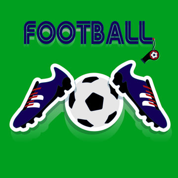 Blue football  shoes, and soccer ball, and football inscription, cartoon on green background,