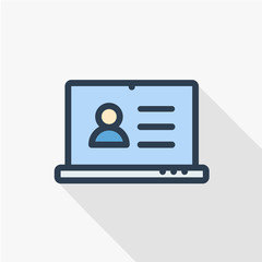 profile, social media user picture, recruitment, resume thin line flat color icon. Linear vector illustration. Pictogram isolated on white background. Colorful long shadow design.