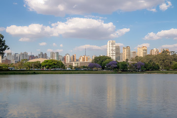 Fototapeta na wymiar Ibirapuera Park Lake and city skyline - Sao Paulo, Brazil