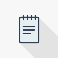 paper notebook thin line flat color icon. Linear vector illustration. Pictogram isolated on white background. Colorful long shadow design.