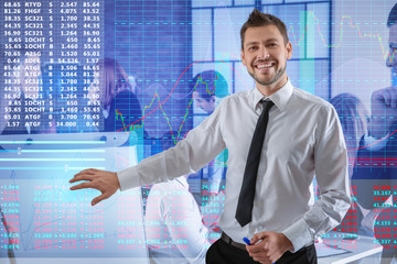 Stock traders working in office