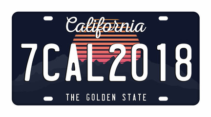 License plate isolated on white background. California license plate with numbers and letters. Badge for t-shirt graphic