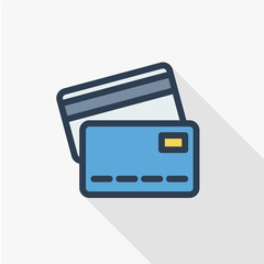 Obraz premium bank card thin line flat color icon. Linear vector illustration. Pictogram isolated on white background. Colorful long shadow design.