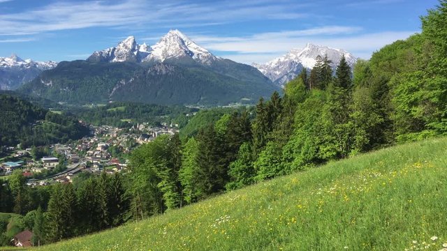 Idyllic alpine scenery with the town of Berchtesgaden and Watzmann mountain in springtime, Bavaria, Germany