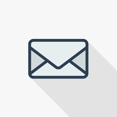 envelope, email letter, mail thin line flat color icon. Linear vector illustration. Pictogram isolated on white background. Colorful long shadow design.