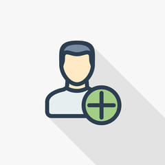 add user, new friend, member and plus sign, thin line flat color icon. Linear vector illustration. Pictogram isolated on white background. Colorful long shadow design.