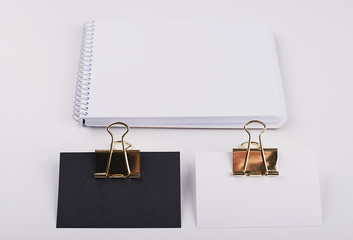 Black and white cards with gold colored pliers, next to notebook with blank sheets on white...