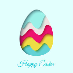 Happy Easter greeting card. 3d paper cut easter egg concept design background. Vector illustration. Paper carving egg shape with shadow