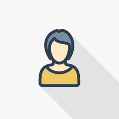 beautiful girl or pretty woman with red evening dress thin line flat color icon. Linear vector illustration. Pictogram isolated on white background. Colorful long shadow design.