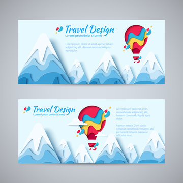 Travel design flyer template set paper art concept of hot air balloon in sky with clouds over mountains. Vector travel origami paper cut horizontal banners set