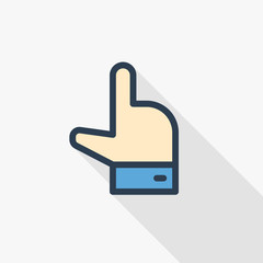 Obraz premium Hand with index finger pointing at something thin line flat icon. Linear vector illustration. Pictogram isolated on white background. Colorful long shadow design.