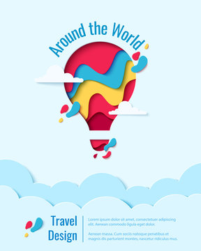 Around the World paper art concept of hot air balloon in sky over clouds. Vector travel origami paper cut banner template