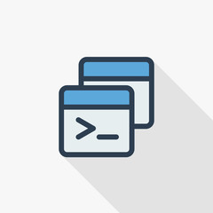 programming code, application thin line flat color icon. Linear vector illustration. Pictogram isolated on white background. Colorful long shadow design.
