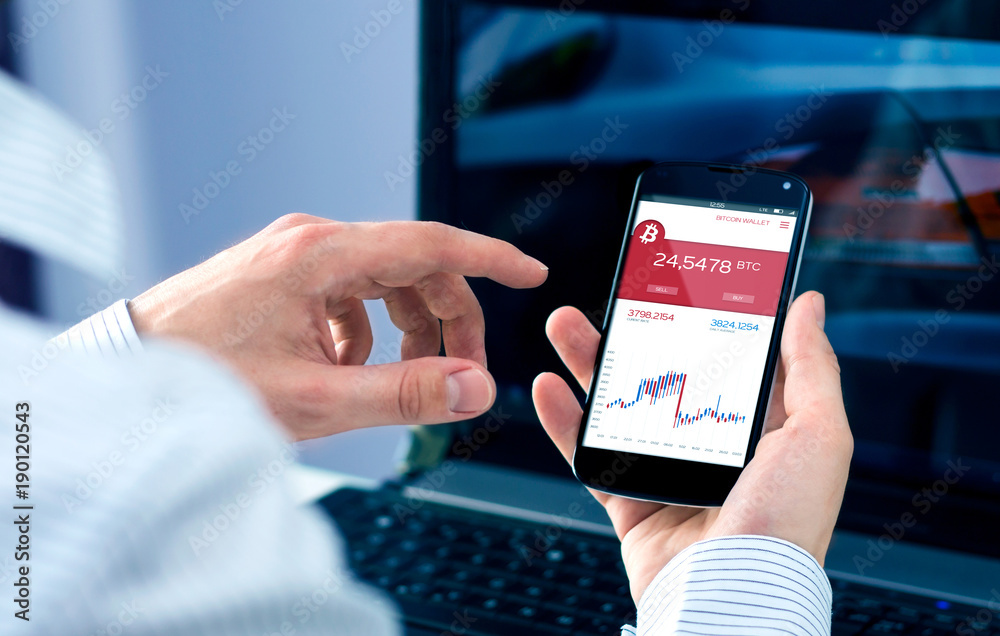 Poster man checks bitcoin rates at smartphone forex application. interface created in graphic program