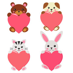 Valentine's day pets, cute cartoon kawaii dog, bear, cat and bunny with hearts. Children style. Sweet and romantic mood greeting card. Vector illustration.