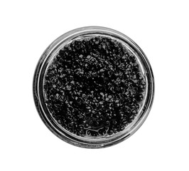 Black caviar in glass jar on white background