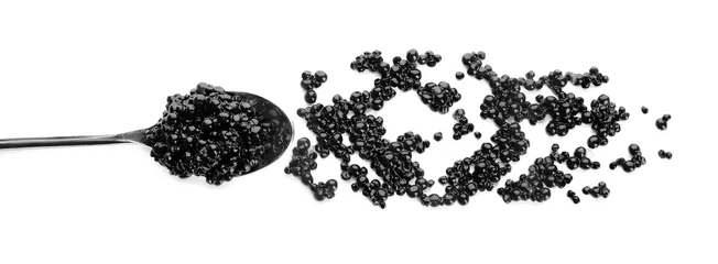 Gordijnen Black caviar in spoon on white background © Africa Studio