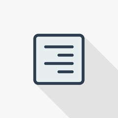 Text position edit, alignment thin line flat color icon. Linear vector illustration. Pictogram isolated on white background. Colorful long shadow design.