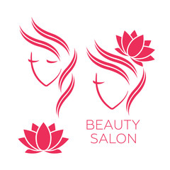 Fototapeta premium Beautiful woman vector logo template for hair salon, beauty salon, cosmetic procedures, spa center. Beauty logo for hair salon