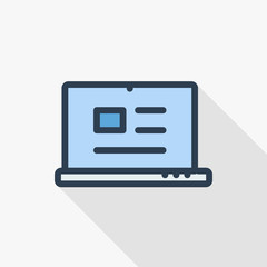 Fototapeta premium Blogging, laptop with abstract text and image concept of blog, writing email letter, document thin line flat color icon. Linear vector illustration. Pictogram isolated on white background. Colorful