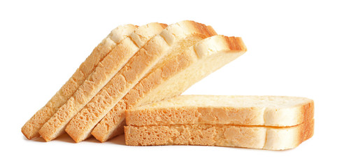 Slices of bread for toasting on white background