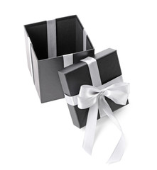 Open beautiful gift box on white background